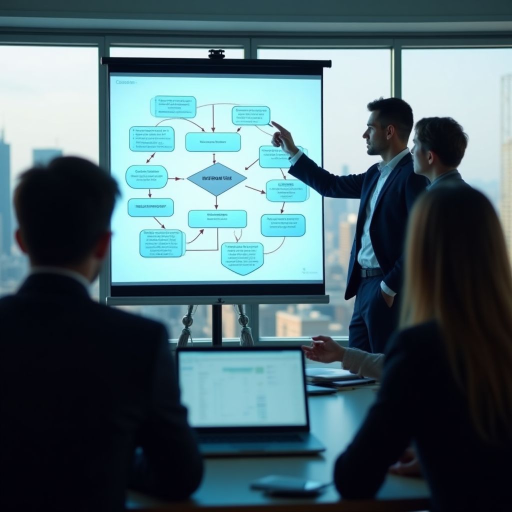 Ejecutivos discutiendo una estrategia de gestión de riesgos corporativos.