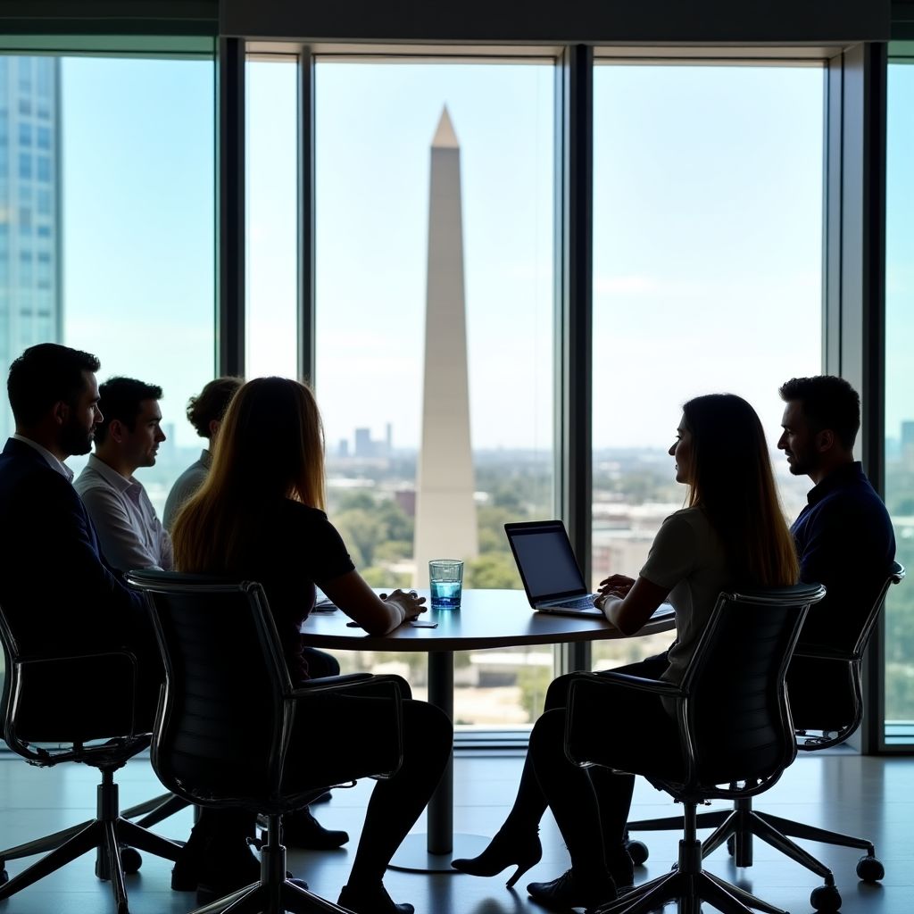 Equipo de consultores financieros en una reunión con vistas a la ciudad de Buenos Aires.