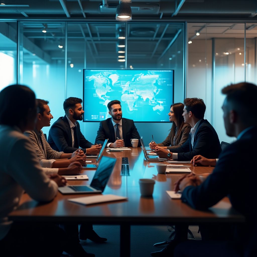 El equipo de FinanzasArg colaborando en una oficina moderna.